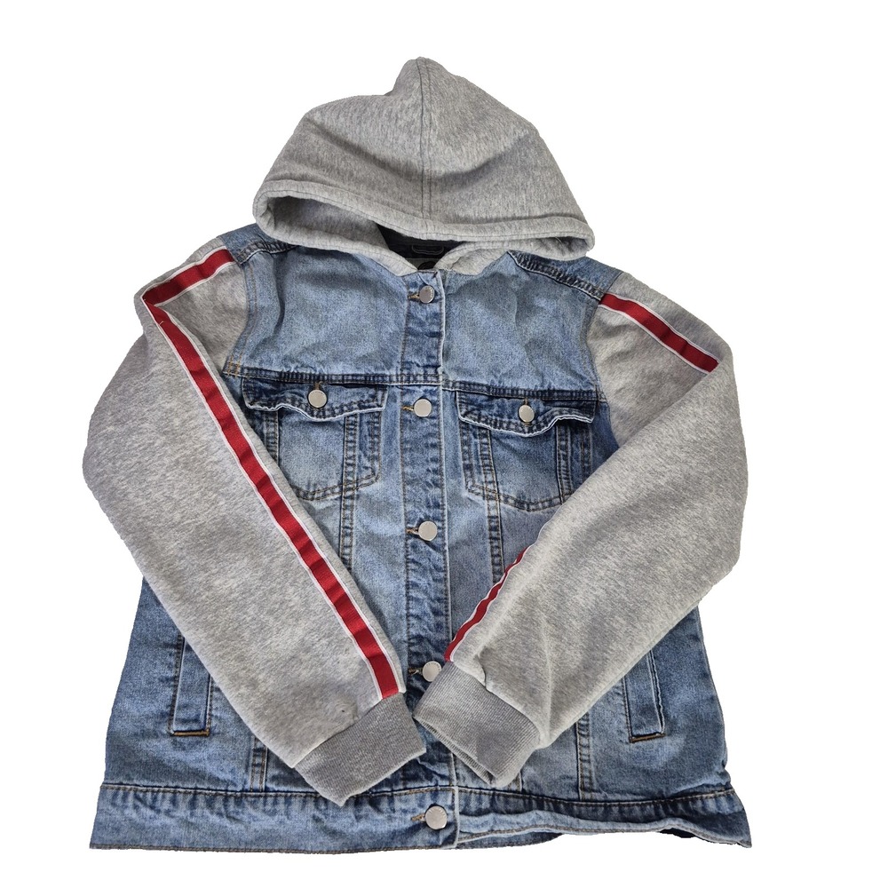 1 Sunset Lane Jacket Womens Large Blue Denim Gray Hoodie Jean Red Stripe Sleeves